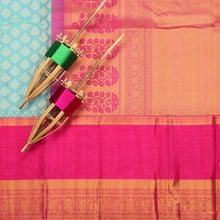 Patterned Turquoise Silk Saree with Pink-Orange Kanjivaram Border * 200789