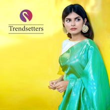 Turquoise Green Kanjivaram Silk Saree with Herringbone Patterned Border * 250468