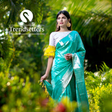Turquoise Green Kanjivaram Silk Saree with Herringbone Patterned Border * 250468