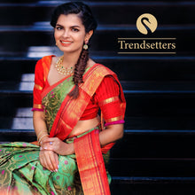 Fern Green Kanjivaram Sari with Bright Red Border Featuring Lovely Motifs * 200532